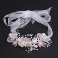 Handmade flower headband with white pearls, pink petals and organza ribbon for girls - Pink Wrist Flower