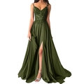 Elegant olive green evening gown with sequined lace bodice and high slit detail - S (US 2) / Olive Green