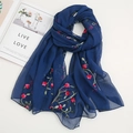 Detail of dark blue chiffon scarf with exquisite red flower embroidery and green leaves - Navy Blue