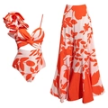 Two-piece tropical set with one-shoulder ruffled swimsuit and matching floral maxi skirt - S / Orange White Floral Set