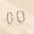 Minimalist S925 sterling silver huggie earrings with white opal stone inlay - Platinum (White Stone)