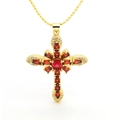 Fashion cross pendant necklace with red zircon gemstones and gold bead chain for women - Coral