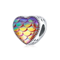 S925 silver heart charm featuring a colorful gradient mermaid fish scale pattern - Heart Iridescent Fish Scale (Rainbow)
