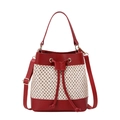 Red leather and beige straw bucket bag with drawstring closure and golden hardware - Red