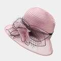 Detail of elegant pink organza sun hat with large floral applique and black mesh texture - Light Purple
