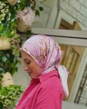 Pink 90x90cm satin scarf with Baroque floral print shown on a professional model - 90*90cm / Pink Floral