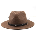 Detail of western straw hat featuring a black leather band with silver star metal studs - Coffee