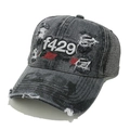 Dettaglio del cappellino in denim invecchiato con ricamo f429 3D e rifiniture consumate - M (56-58cm) / Nero