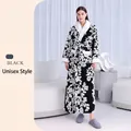 Unisex silver gray and black floral jacquard plush bathrobe with thick velvet lining - M / Female Style / Blue Black