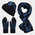 Detail des Karomusters mit Touchscreen-Handschuhen und Textur des Winter-Stricksets - Blau-Schwarz-Kariert