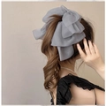Elegant large grey organza bow hair clip for high ponytail styling and soft aesthetic look - Grey Organza Bow
