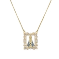 Gold cross pendant necklace with clear zircon stones and blue religious figure on white - Rectangular Virgin Pendant - Multi-color Zircon