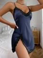 Elegant navy blue satin nightgown featuring black eyelash lace trim and side slit detail - Navy Blue