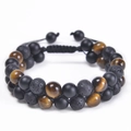 Zweilagiges 8mm Tigerauge und Lavastein Perlenarmband mit verstellbarer Kordel - Lavastein + Matter Stein + Gelbes Tigerauge (Stil mit 2 Perlen)