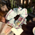 Blue and purple plaid scrunchie with white lace edges and cute smiley buttons - Pink Green Plaid Scrunchie with Buttons and Star Label