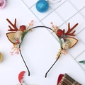 Christmas reindeer headband with brown antlers, berries and linen flowers on black band - Burlap Flower with Deer Ears and Antlers / Style 1