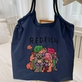 Bolso tote de nailon azul oscuro con estampados de personajes de dibujos animados - Pequeño Monstruo Azul