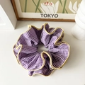 Oversized purple and white checkered scrunchie with yellow wavy ruffled edges - Oversized Purple Plaid