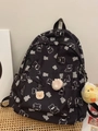 Black nylon backpack with cute cartoon bear print and yellow duck plush keychain - No Charms / Black