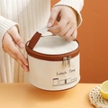 Beige canvas lunch bag with brown handles and Lunch Time print for insulated meal prep - Rice White Round Bag-Single Pack