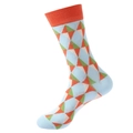 Mid-calf cotton socks featuring vibrant light blue, orange, and green geometric patterns - 1082-Blue Orange Triangle