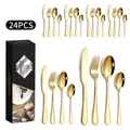 24-piece golden stainless steel cutlery set with spoons, knives, and forks in a black gift box - 1010 Style (24Pcs Set/Mail Box) / Gold