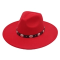 Detail of red wool felt fedora featuring black leather band and silver metal studs - Red