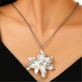Silver textured leaf pendant necklace with center clear gemstone on a rope chain - Bright Silver Leaf Rhinestone Necklace (Z-071)