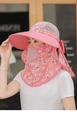 Pink floral sun hat with face mask and neck flap providing full outdoor UV protection - Watermelon red