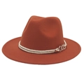 Close-up of caramel fedora hat featuring white braided rope and rose gold metal chain links - M(56-58cm) / Caramel (Three-loop Rope)