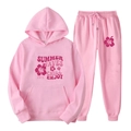 Survêtement deux pièces en polaire rose clair avec imprimé Summer Waves et sweat à capuche - S (L) / Haut Et Bas / Rose Clair (39)