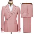 Pink slim fit men's two-piece suit with peak lapel and decorative chain accessories - Pink