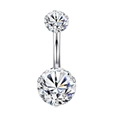Silver stainless steel belly button ring with two clear sparkling zircon gemstones - Silver/Double Clear Zircon