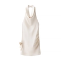 Elegant white satin halter neck mini dress with 3D floral detail and side ruching - S / Milky White