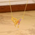 Golden snake and purple butterfly wing pendant necklace with clear teardrop gemstone - Snake Butterfly Dance (LI363)