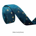 25mm dark cyan velvet ribbon with gold stamped star patterns for DIY hair accessories - 2.5cm / Peacock Blue