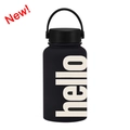Black matte 650ml vacuum insulated bottle with white hello print and wide handle - Matte Black Hello