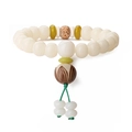 Detailed shot of Bodhi root beads bracelet with lotus charm and green woven knot - White Jade Bodhi + Black Lotus