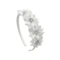 Dettaglio di cerchietto in raso bianco con fiori e strass luminosi per bambine - Bianco