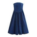 Vintage dark blue strapless denim maxi dress with high waist and flared skirt - XS / Dark Blue