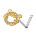 L-shaped gold nose stud featuring a round disc with sparkling zircon bear ear accents - Cat Head Style (BD00152) / Gold