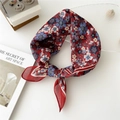 Floral cotton linen square scarf in red with vintage blue flowers and white border - 55cm / Beauty Pine Plum Red