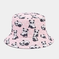 Detail of pink canvas bucket hat featuring cute cartoon panda patterns and white polka dots - M (56-58cm) / Pink