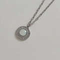 Silver vintage round pendant necklace with white shell inlay and turkey engraving - Silver Round Mother Of Pearl Style (C407)