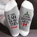 Gray Christmas knit socks with funny text and holly pattern on the white soles - One Size / Bowknot Grey White