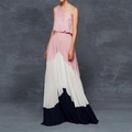 Pink and navy blue color block one-shoulder pleated maxi dress with silky texture - S / Pink and Black