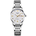 Close-up detail of ORUSS women's quartz watch featuring diamond hour markers and a date. - Silver White Dial