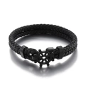 Men's double-layered black braided leather bracelet with matte black ship wheel clasp - Black (KB144038-KFC)