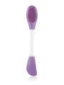 Detailed macro of dual-headed purple silicone face cleansing brush and mask applicator tool - Oval + Knife-Shaped / Purple