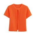 Dettaglio del cardigan in maglia arancione a maniche corte con riflessi sottili - S / Top Arancione